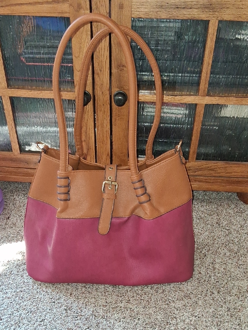 Black Rivet Burgundy and Tan Two-Tone Satchel with Buckle Detail
